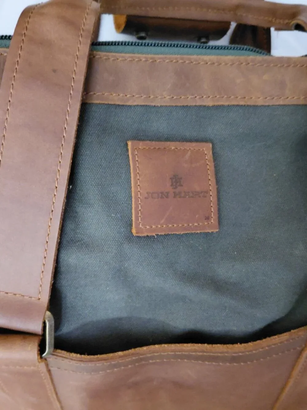 Vintage Jon Hart Large Weekender Duffel Bag Olive Canvas Brown Leather Strap